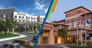 exterior of the Hyatt and Hilton Garden Inn hotels