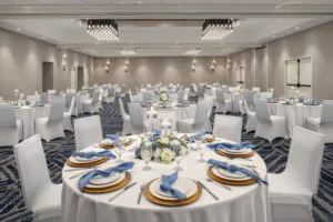 banquet room styled for dinner event