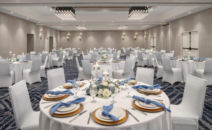 banquet room styled for dinner event